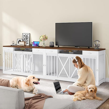 YITAHOME 63 Inch Double Dog Crate TV Stand with Charging Station, Heavy Duty Wooden Dog Crate Furniture for 2 Dogs, Dog Kennel Indoor Furniture Double Sliding Barn Door Design Ideal for 2 Dogs, White