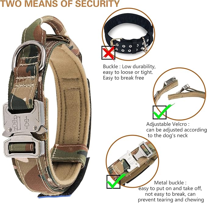 KCUCOP Tactical Dog Collar - Heavy Duty Dog Collar with Handle and Metal Buckle, Military Thick Dog Collars for Medium and Large Dogs(Upgrade Camo-M, 2 Patches)