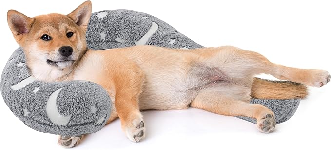 Pet Calming Pillow for Dogs, Soft U-Shaped Pillow Glow in The Dark, Joint Relief, Sleep Comfortably,Suit for Small, Medium, Large Dogs, Fluffy Pet Neck Pillow (L-Gray)