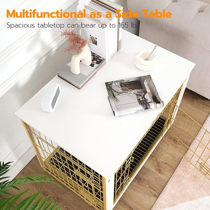 HOOBRO Dog Crate Furniture, 38.6" Large Dog Kennel Indoor, Wooden Dog Crate with Pull-Out Tray, Double Doors Dog House, Modern Side End Table for Small/Medium/Large Dog, White DW982GW03