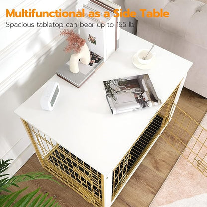 HOOBRO Dog Crate Furniture, 38.6" Large Dog Kennel Indoor, Wooden Cage with Pull-Out Tray, Double Doors Pet House Side End Table for Large/Medium/Small Dogs, White DW982GW03