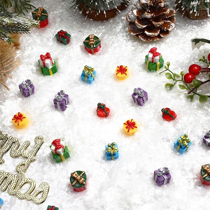 56 Pcs Christmas Mini Resin Present Miniature Boxes Tiny Gift Box Figurines Mini Christmas Ornaments for Xmas DIY Craft Tree Village Dollhouse Decor