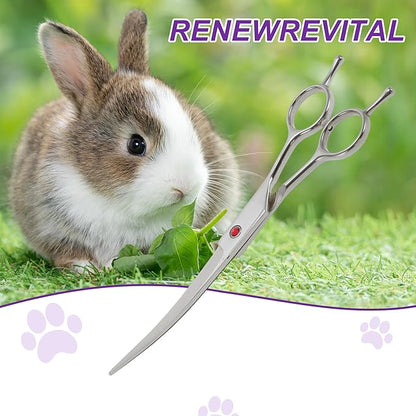 Dog Grooming Scissors, with Ergonomic Handle, Pill Popper for Cats, Upper Bend Shears, Stainless Steel Curved Shears for Dogs Cats, Silver Tone, 7.5"