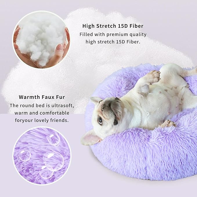 Purple Dog Bed Medium Size Dog 23 Inch Anti-Anxiety Donut Dog Cuddler Bed, Warming Cozy Soft Dog Round Bed, Fluffy Faux Fur Plush Dog Cat Cushion Bed for Small Medium Dogs and Cats