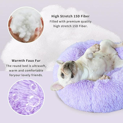 Purple Dog Bed Medium Size Dog 23 Inch Anti-Anxiety Donut Dog Cuddler Bed, Warming Cozy Soft Dog Round Bed, Fluffy Faux Fur Plush Dog Cat Cushion Bed for Small Medium Dogs and Cats