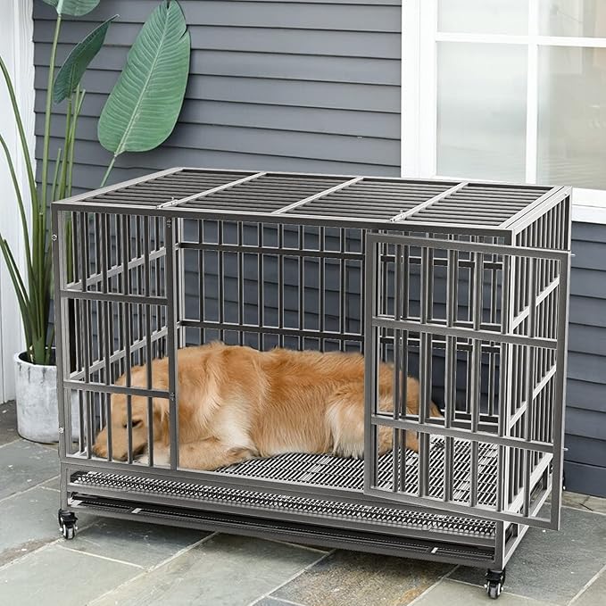 LEMBERI 48/38 inch Heavy Duty Indestructible Dog Crate, Escape Proof Dog Cage Kennel with Lockable Wheels,High Anxiety Double Door Dog Crate,Extra Large Crate Indoor for Large Dog with Removable Tray