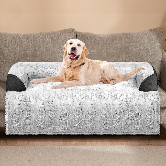 Calming Extra Large Dog Bed for Couch, 45 x 37 inch Removable Couch Cover for Dogs Washable, Non-Slip Fluffy Plush Dog Sofa Mat for Furniture Protector - Grey