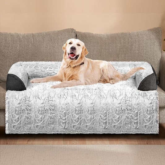 Calming Extra Large Dog Bed for Couch, 45 x 37 inch Removable Couch Cover for Dogs Washable, Non-Slip Fluffy Plush Dog Sofa Mat for Furniture Protector - Grey