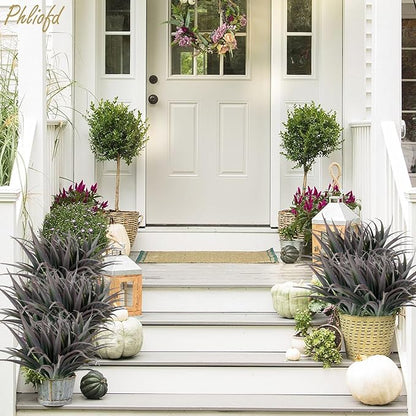 32 Pcs Artificial Grass Fake Plants 17.3in Outdoor Plants UV Resistant Faux Greenery Stems Fake Grass for Home Window Garden Office Patio Pathway Front Porch Halloween Décor Green & Black