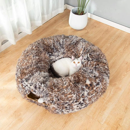 LUCKITTY Warm Fluffy Plush Cat Dog Tunnel Bed with Washable Cushion- Big Tube Playground Toys 3 FT Diameter Collapsible, for Indoor Cat Kitty Kitten Puppy Rabbit Ferret Leopard Print