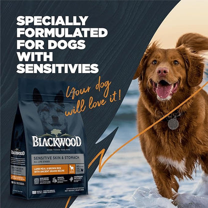 Blackwood Sensitive Skin & Stomach Dry Dog Food, Lamb Meal & Brown Rice with Ancient Grains, 10 Pound Bag with Prebiotics & Probiotics to Promote Gut Health
