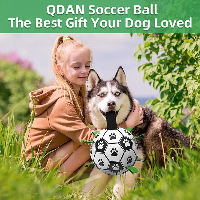 QDAN Dog Toys Extra Large Soccer Ball with Straps, Interactive Dog Toys for Tug of War, Puppy Birthday Gifts, Dog Tug Toy, Dog Water Toy, Durable Dog Balls World Cup for Large Dogs（9 Inch）