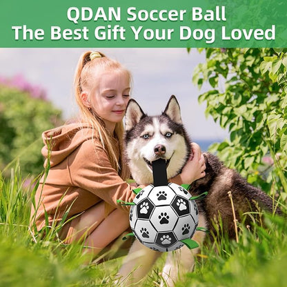 QDAN Dog Toys Extra Large Soccer Ball with Straps, Interactive Dog Toys for Tug of War, Puppy Birthday Gifts, Dog Tug Toy, Dog Water Toy, Durable Dog Balls World Cup for Large Dogs（9 Inch）