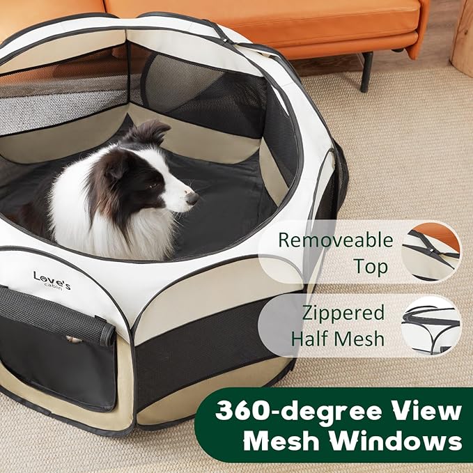 Love's cabin Pet Puppy Dog Playpen, Large Dog Tent Crates Cage Indoor/Outdoor, Portable Playpen for Cat, Foldable Pop Up Dog Kennel Playpen with Carring Case, Removable Zipper Top, Khaki