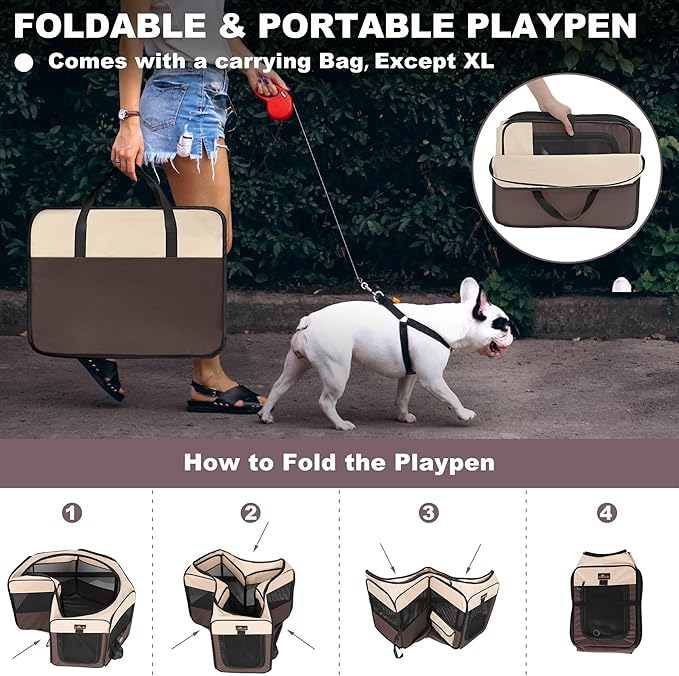Aivituvin Dog Playpen, Foldable Pet Play Pens with Carrying Bag for Cat, Puppies, Rabbits, Portable Dog Tent Crates Cage for Travel Camping Indoor Outdoor, Removable Shade Cover, Brown L