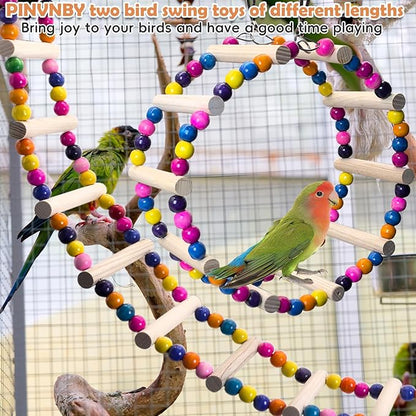 PINVNBY 2 PCS Extra Large Bird Ladder Toys, Wooden Parakeet Swing Toys with Colored Beads, Bird Cage Accessories for Parrot Macaws African Greys Conure Cockatiel (25.6''-10 Steps and 39.3''-18 Steps)