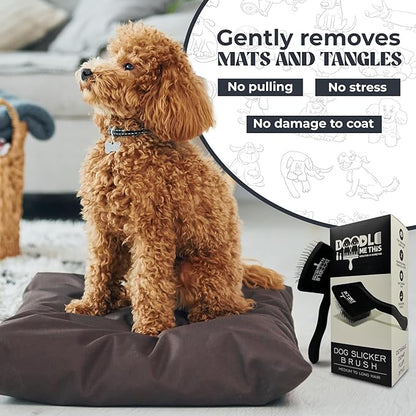 Doodle Me This | Slicker Brush for Dogs. Ergonomic black brush with extra-long stainless steel pins, easy for dematting, detangling, Groom Like a Pro at Home dog brush for shedding.
