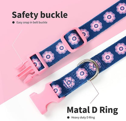 Mile High Life Dog Collar | Cute Puppy Collars | Lightweight Girl Dog Collar | Soft Boy Dog Collars | w Geometric Plaid Wave Line Pattern (Pink Flower, Medium)