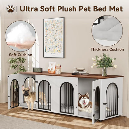 71" Large Dog Crate Furniture for 2 Dogs, Wooden Double Dog Crate with Door, Indoor Dog Kennel TV Stand with Divider and Cushion for Large Medium Dogs,White/Brown