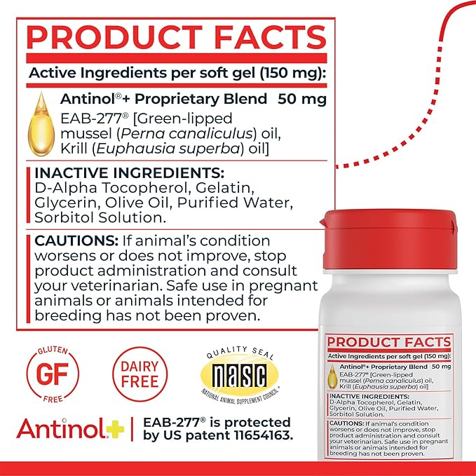 Antinol Plus, Mobility, Hip, and Joint Supplement for Dogs, Green-Lipped Mussels and Krill Oil - Dog Joint Supplement, Better and Faster Than Glucosamine and Chondroitin, 180 Soft Gels