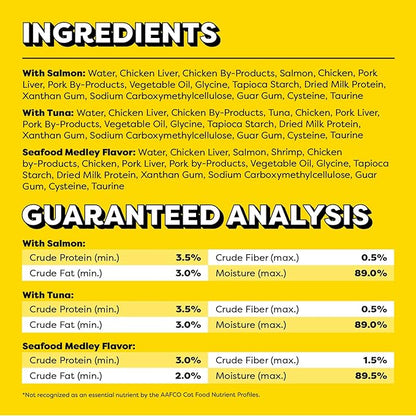 Temptations Creamy Puree Mix-Ups Squeezable Lickable Wet Cat Treats, Tuna Flavor, Salmon Flavor, and Seafood Medley Flavor, 0.42 oz. Tubes, 24 Count