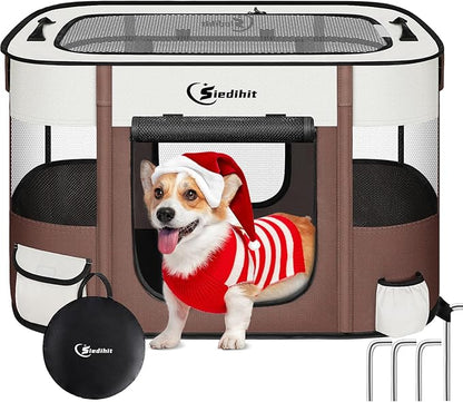 Dog Cat Playpen28/31/35in, Pet Puppy Portable Playpens for Outdoor Travel Crate, Indoor After Surgery Use, Foldable Dog Kennel Tent for Rabbit or Small Animals and Tent Stakes (Brown, Large)