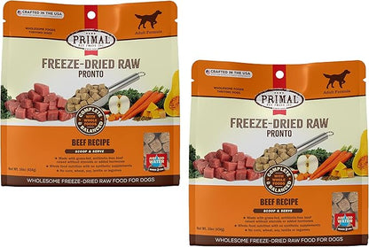 Primal Freeze Dried Dog Food Pronto, Beef; Scoop & Serve, Complete & Balanced Meal; Also Use as Topper or Treat; Premium, Healthy, Grain Free High Protein Raw Dog Food (16 oz, 2-Pack)