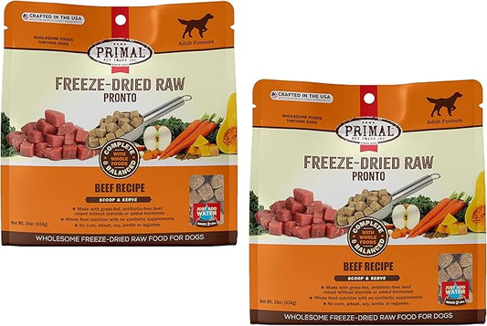 Primal Freeze Dried Dog Food Pronto, Beef; Scoop & Serve, Complete & Balanced Meal; Also Use as Topper or Treat; Premium, Healthy, Grain Free High Protein Raw Dog Food (16 oz, 2-Pack)