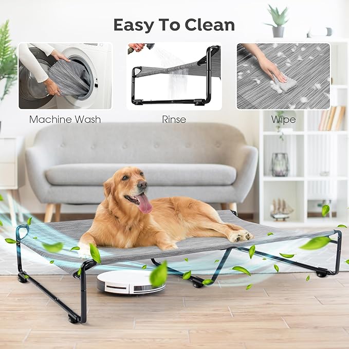 Veehoo Large Elevated Dog Bed with Flannel Dog Blanket, Outdoor Guardrail Raised Pet Cot for Extra Large Dogs, Anti-Slip Camping Dog Hammock Bed, Breathable Teslin Mesh Fabric, XXL, CWC2201B