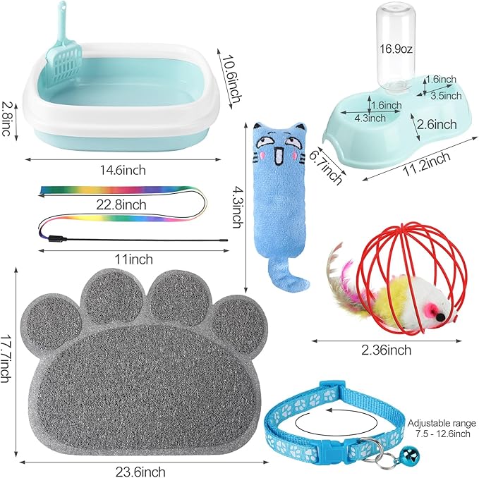 7 Pcs Small Cat Kitten Starter Kit Cat Litter Box with Shovel Paw Litter Mat Double Automatic Kitten Bowls Toy Teaser Stick Collar Essentials Kits for 1-3 Lbs Beginner(Stylish,Fresh Blue)