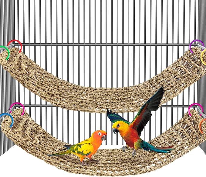 2Pcs 29.5 x 7 inches Large Bird Seagrass Mat Grass Woven Net Parrot Hammock Mat Parakeet Climbing Rope Ladder with Hooks Bird Cage Accessories for Conure Cockatiel Budgie Macaw Bearded Dragon
