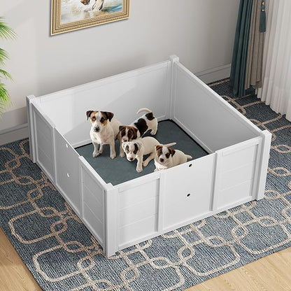 DWVO Wooden Whelping Box for Large Breed Dogs: Puppy Pen Indoor Puppies Playpen 39.4"x39.4"x17.7" with Washable Pad & Removable Doors, Safe Birthing Space for Small Medium Corgi, Poodle, Husky (White)