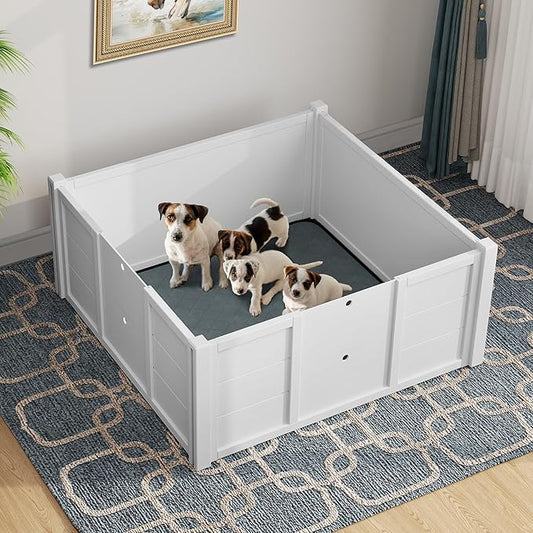 DWVO Wooden Whelping Box for Large Breed Dogs: Puppy Pen Indoor Puppies Playpen 39.4"x39.4"x17.7" with Washable Pad & Removable Doors, Safe Birthing Space for Small Medium Corgi, Poodle, Husky (White)