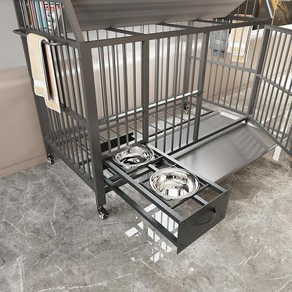 KEIKI 47 Inch Dog Crate Furniture for Large Medium Dogs, with Storage Shelves and Bowls, Indoor Dog Cage with 360° Caster Wheels & Flip-top Plate, Grey