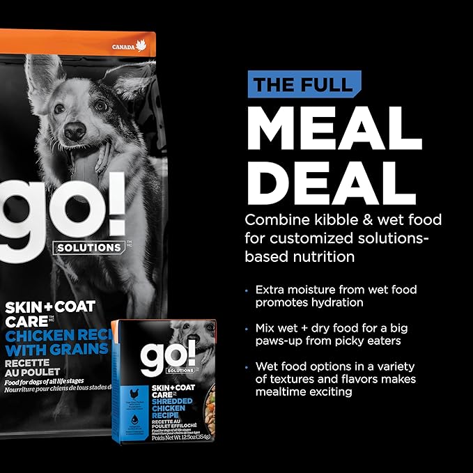 Go! Solutions Skin + Coat Care, Wet Dog Food Shredded, Chicken Recipe with Grains for Sensitive Skin, 12.5 oz