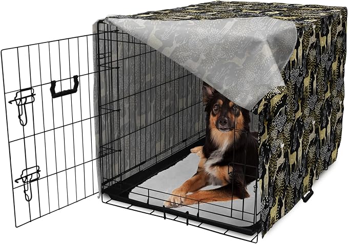 Ambesonne Christmas Dog Crate Cover, Nature Woodland and Deer Silhouettes with Oriental Ornaments Design, Easy to Use Pet Kennel Cover for Medium Large Dogs, 36 Inch, Yellow White Black