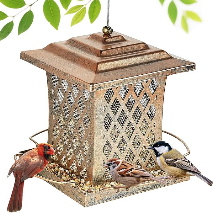 Outdoor Bird Feeder, Heavy Duty Retro Lamp Style Bird Feeders for Outside Hanging, Double Metal Mesh Birdfeeder with Lid Fixing Buckle, 3Lbs Capacity - Bronze