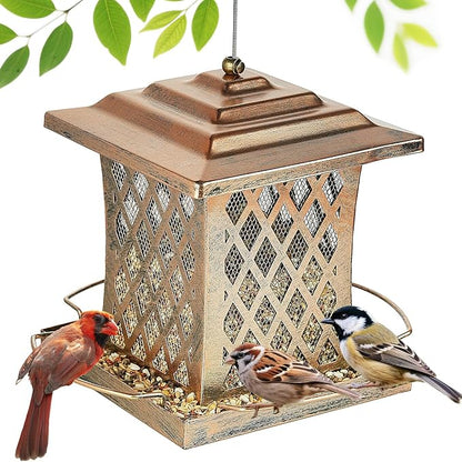 Outdoor Bird Feeder, Heavy Duty Retro Lamp Style Bird Feeders for Outside Hanging, Double Metal Mesh Birdfeeder with Lid Fixing Buckle, 3Lbs Capacity - Bronze