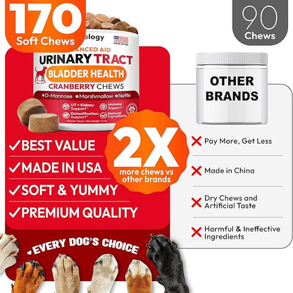 Dog UTI Treatment - 170 Cranberry Chews for Dogs - Urinary Tract Infection, Bladder & Kidney Health Multivitamin - Cranberry Supplement for Dogs with D-Mannose - Dog Vitamins and Supplements