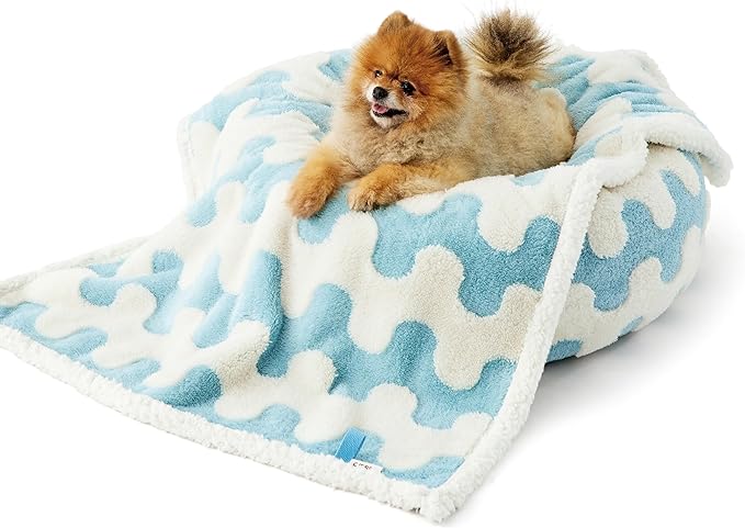 Lesure Waterproof Puppy Blanket for Small Dogs - Washable Double Sided Dog Blankets with Warm Jacquard Shag and Soft Sherpa Fleece, Pet Cat Blanket for Couch Protection, 3D Textured Wave, Blue