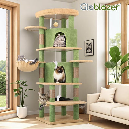 Globlazer Cactus Corner Cat Tree Tower for Large Cat, 66inch Tall Large Cat Tree Condo for Multiple Indoor Cats with 6 Scratching Posts, 2 Spacious Cat Condos, Soft Hammock, Hanging Basket, C66, Green