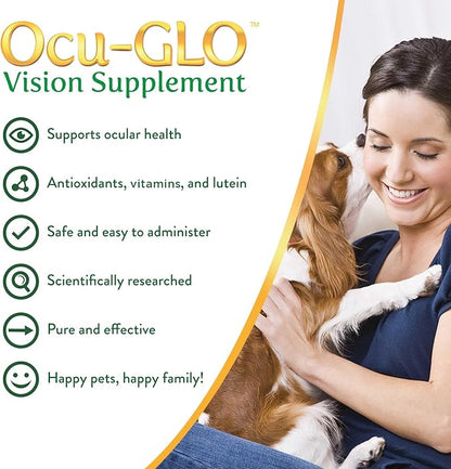 Ocu-GLO Cat & Dog Senior Supplement for Eye Support - Chewable Vision Vitamins Supplements for Large and Small Pets Care with Lutein, Omega-3 Fatty Acids, Grape Seed Extract & Antioxidants