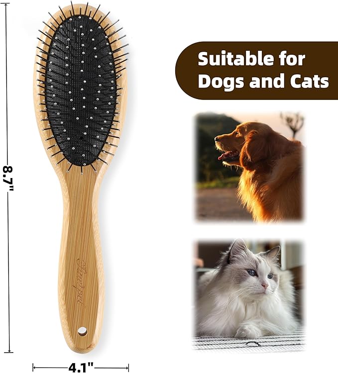 Double Sided Dog Brush Pin and Boar Bristle Pet Grooming Comb for Long or Short Haired Dogs and Cats Removing Shedding Tangles and Dead Undercoat