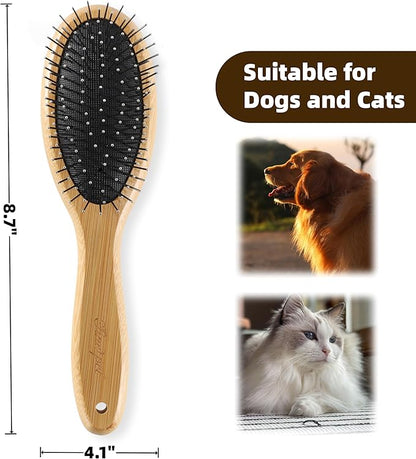 Double Sided Dog Brush Pin and Boar Bristle Pet Grooming Comb for Long or Short Haired Dogs and Cats Removing Shedding Tangles and Dead Undercoat