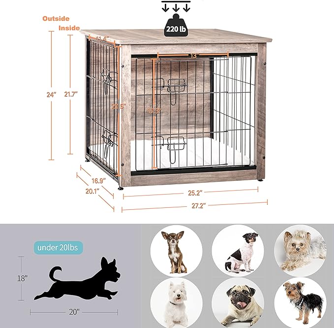 DWANTON Dog Crate Furniture with Cushion, Wooden Dog Crate with Double Doors, Dog Furniture, Dog Kennel Indoor for Small/Medium/Large Dogï¼_nd Table, Small, 27.2" L, Greige