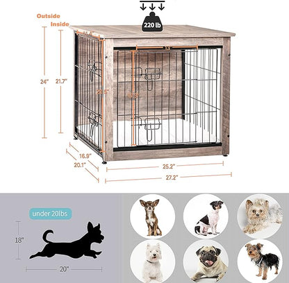 DWANTON Dog Crate Furniture with Cushion, Wooden Dog Crate with Double Doors, Dog Furniture, Dog Kennel Indoor for Small/Medium/Large Dogï¼_nd Table, Small, 27.2" L, Greige
