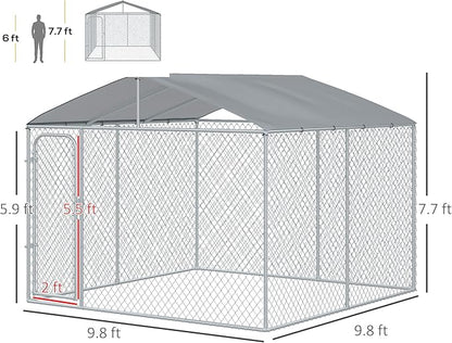 PawHut Large Dog Kennel Outside, Heavy Duty Dog Cage with Waterproof Cover, Outdoor Fence Dog Run with Galvanized Chain Link, Secure Lock, 9.8' x 9.8' x 7.7'