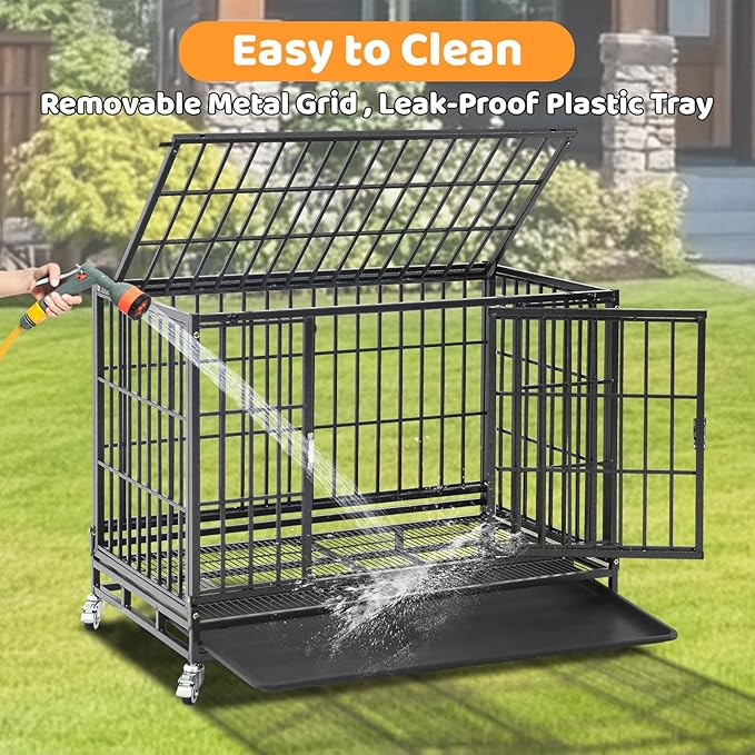 Homey Pet 37 inch Stackable Heavy Duty Dog Crate, Indestructible Escape Proof Dogs Cage Kennel with Lockable Wheels, Removable Tray & Metal Grid, Double Doors for High Anxiety Medium/Small Dogs