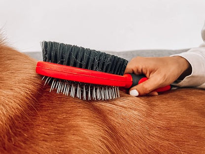 Tuff Pupper Double Sided Dog Brush, Detangling Tool for Dogs and Cats, Pin & Bristle Pet Brush, for and Hair Types, With Comfort-Grip Anti-Slip Handle, Brown, Black, White