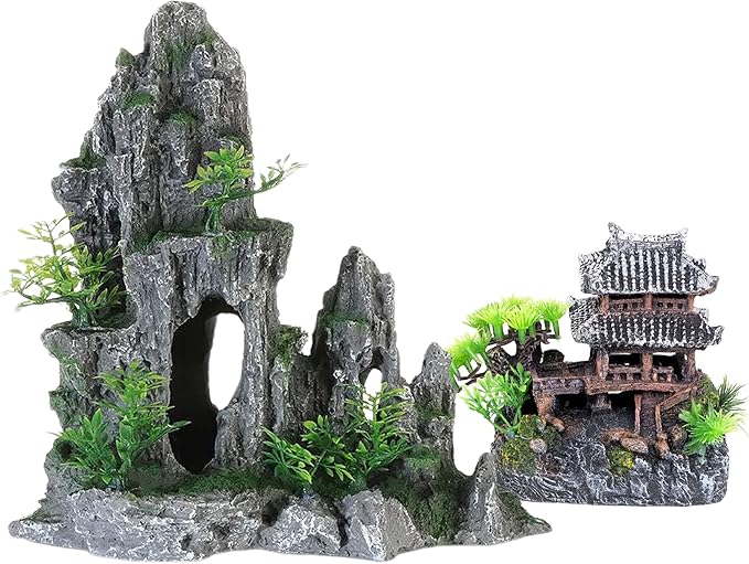 Extra Large Aquarium Decorations kit - “Ancient Temple in The Mountain”, Japanese Aquarium Decorations Resin Aquarium Castle Decorations Aquarium Mountain View Stone